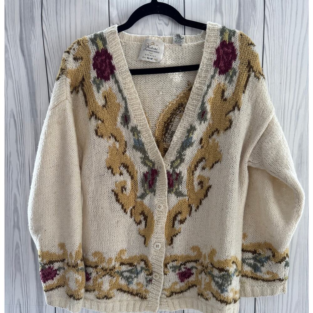 Vintage Womens M Mohair Blend Sweater Cardigan Floral Button Up - Picture 1 of 7